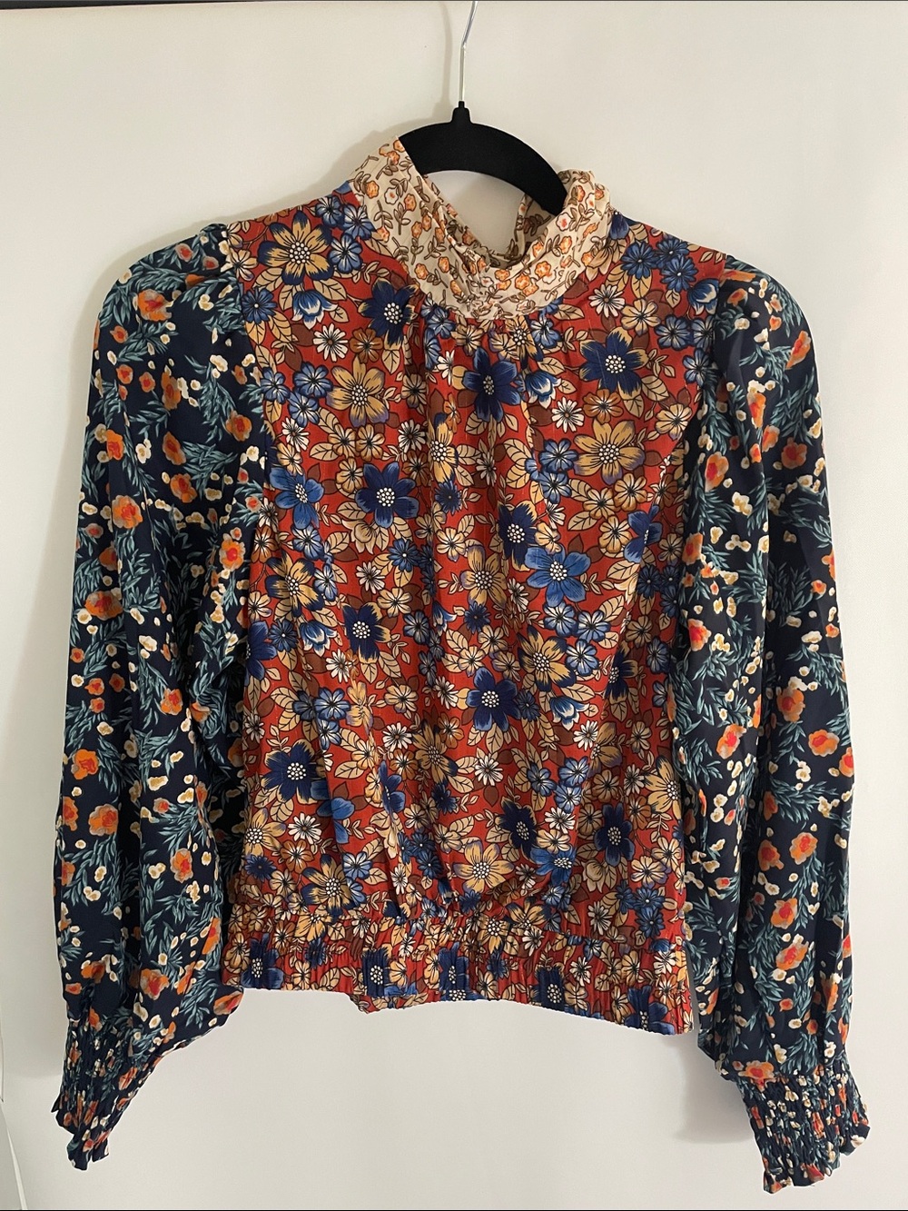 Umgee Floral Mixed-Print Ruffle Neck Blouse - Rust, Navy, Cream
